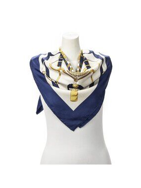 Hermes Scarf Navy Ivory Yellow Twill Silk